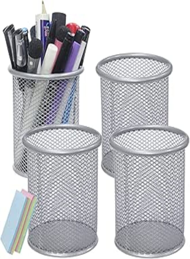 DARUITE Pen Holder Desk Organiser Pen Holder Pen Cup Pen Box Pen Holder Children Office Organiser for Offices Classrooms Pen Holder Round Silver x 4 Pieces